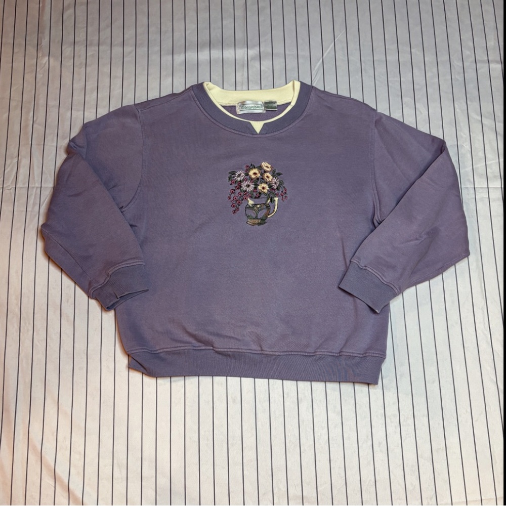 Purple Crewneck Sweater with Floral Embroidery